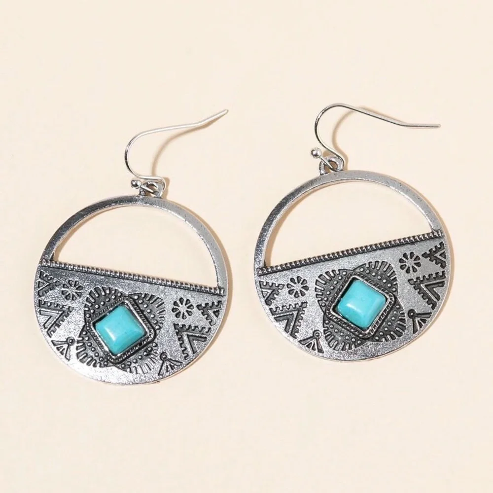 Silver Turquoise Gem Round Boho Drop Earrings